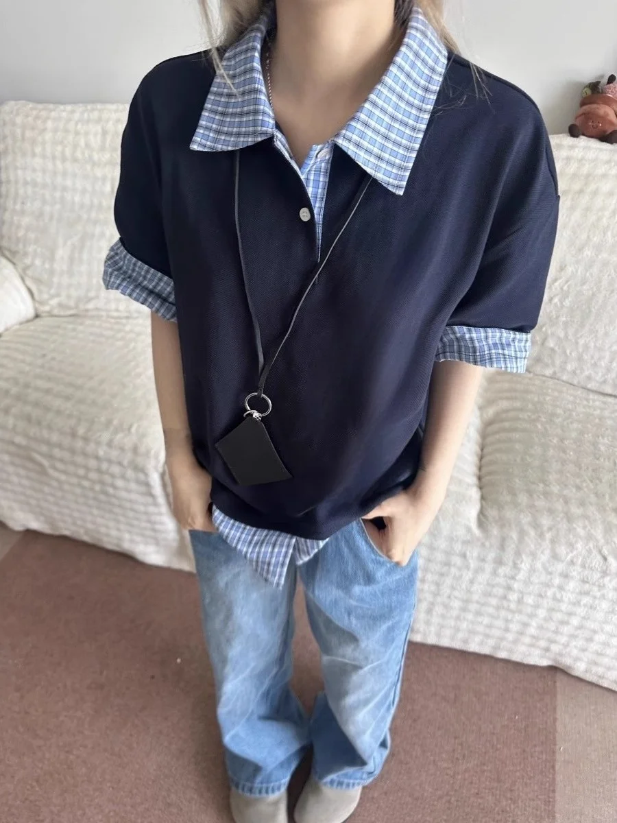 

American Retro Plaid ort Sve Ne irt Men's Loose CleanFit Premium Feeling T-irt Casual Sle Breathable Summer...