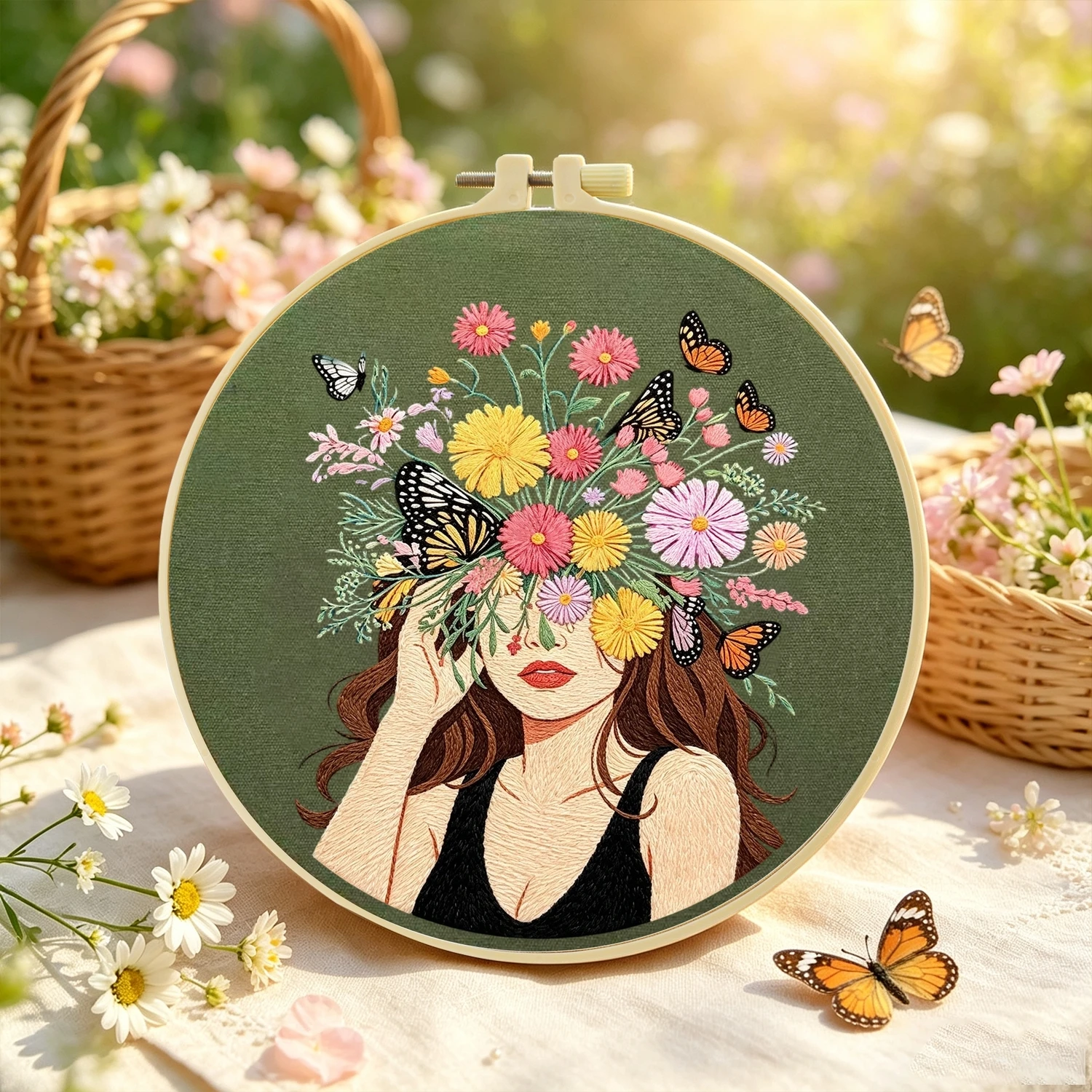 1 Set Blumen-Schmetterling-Gesicht Mädchen DIY-Stickerei-Set für Anfänger, Stickerei-Starter-Kit, Kreuzstich-Kunstgeschenk, Handarbeits-Bastelset – Detail 5