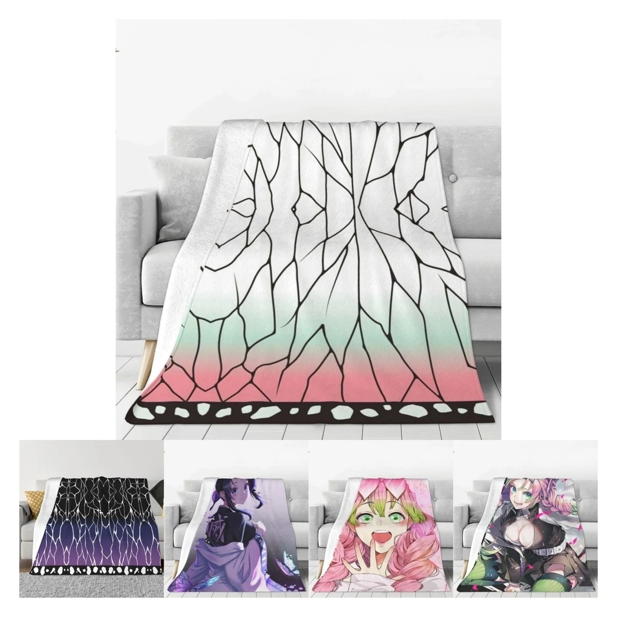 Demon Slayer Shinobu Kocho Mitsuri Kanroji Knitted Blanket Manga Flannel Throw Blankets Air Conditioning Soft Warm Bedspreads