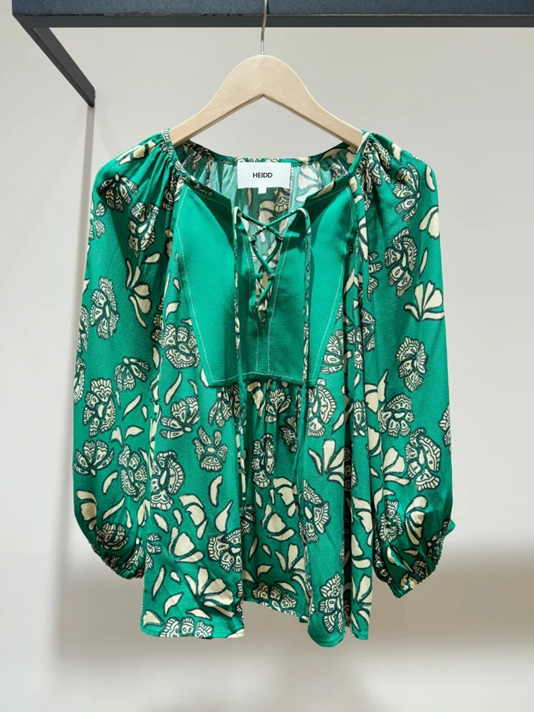 

Loose Green Printed Shirt V-Neck Lantern Sleeve Banded Women's Commute Style Spring Fashion Holiday Wind BA25