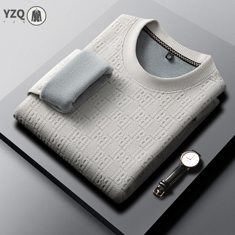 Mens Full Embossed Letter Knit Pullover Long Sleeve Crew Neck Fleece Lining Thick Warm Daily Leisure Tops