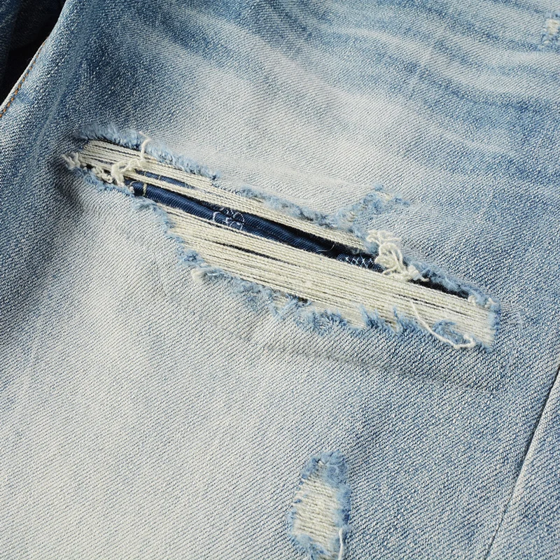 

newY2K jeans, washed, nostalgic, elastic, slim fit, perforated patch, light blue jeans, high street hip-hop brand desig