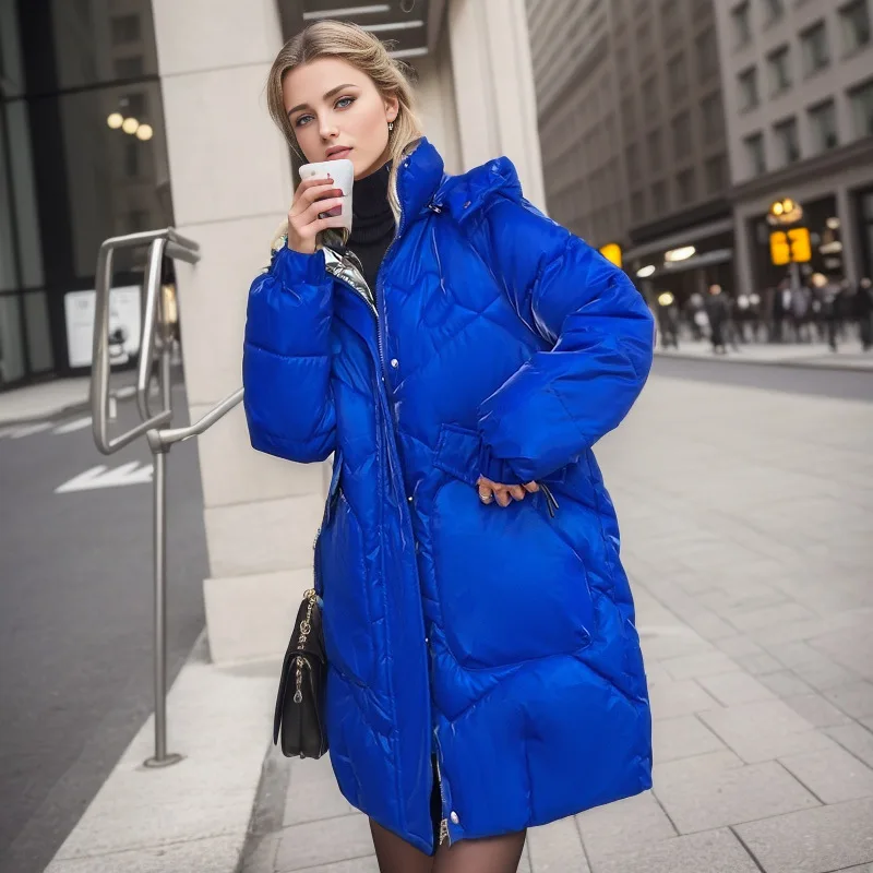 Jaqueta de algodão de comprimento médio feminina, tops de parka na moda coreana, com capuz preto quente, jaquetas soltas casuais, novo, 2024