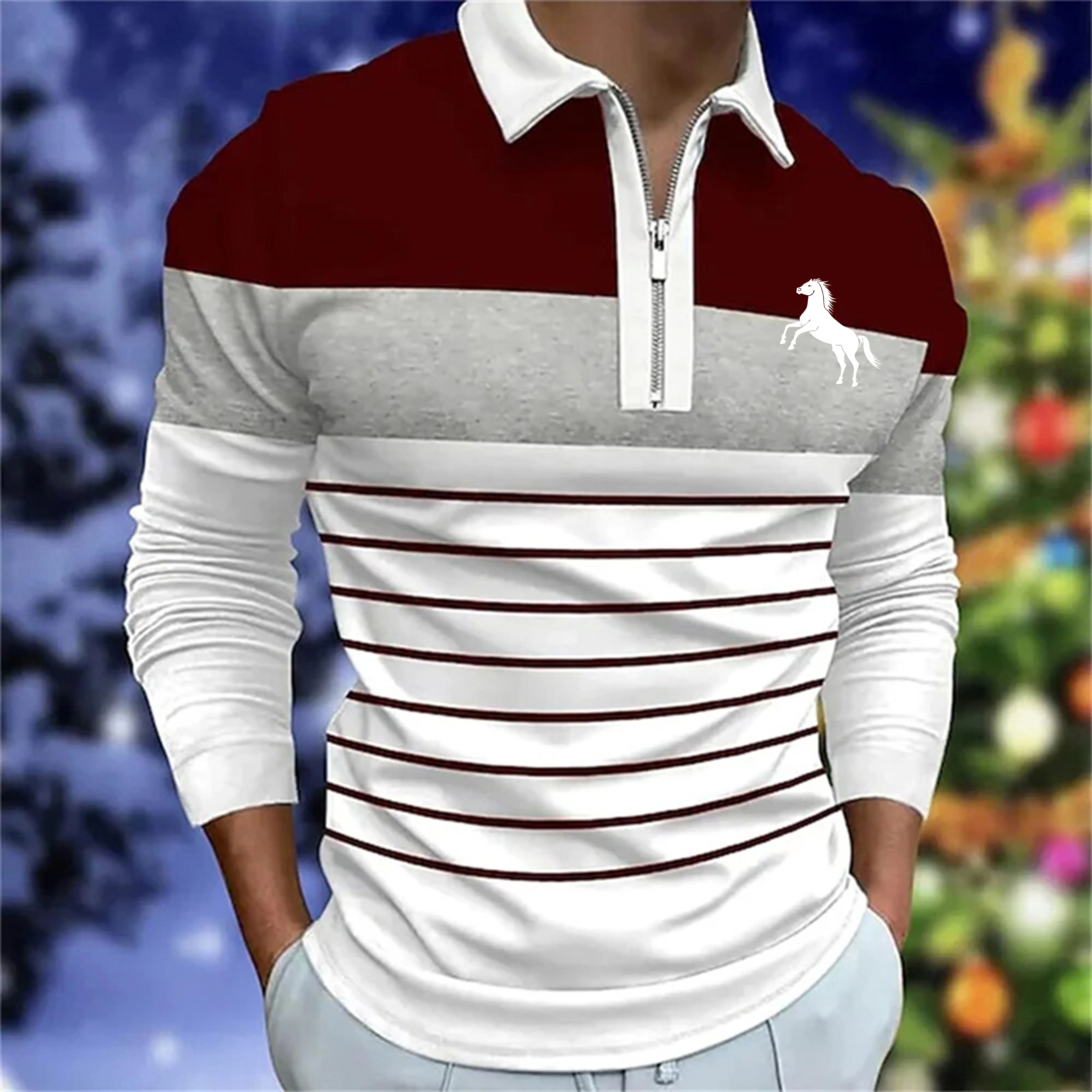 Color Block Striped Lapel Half Zip Long Sleeve Polo Shirts Minimal Embroidery Daily Casual Tops