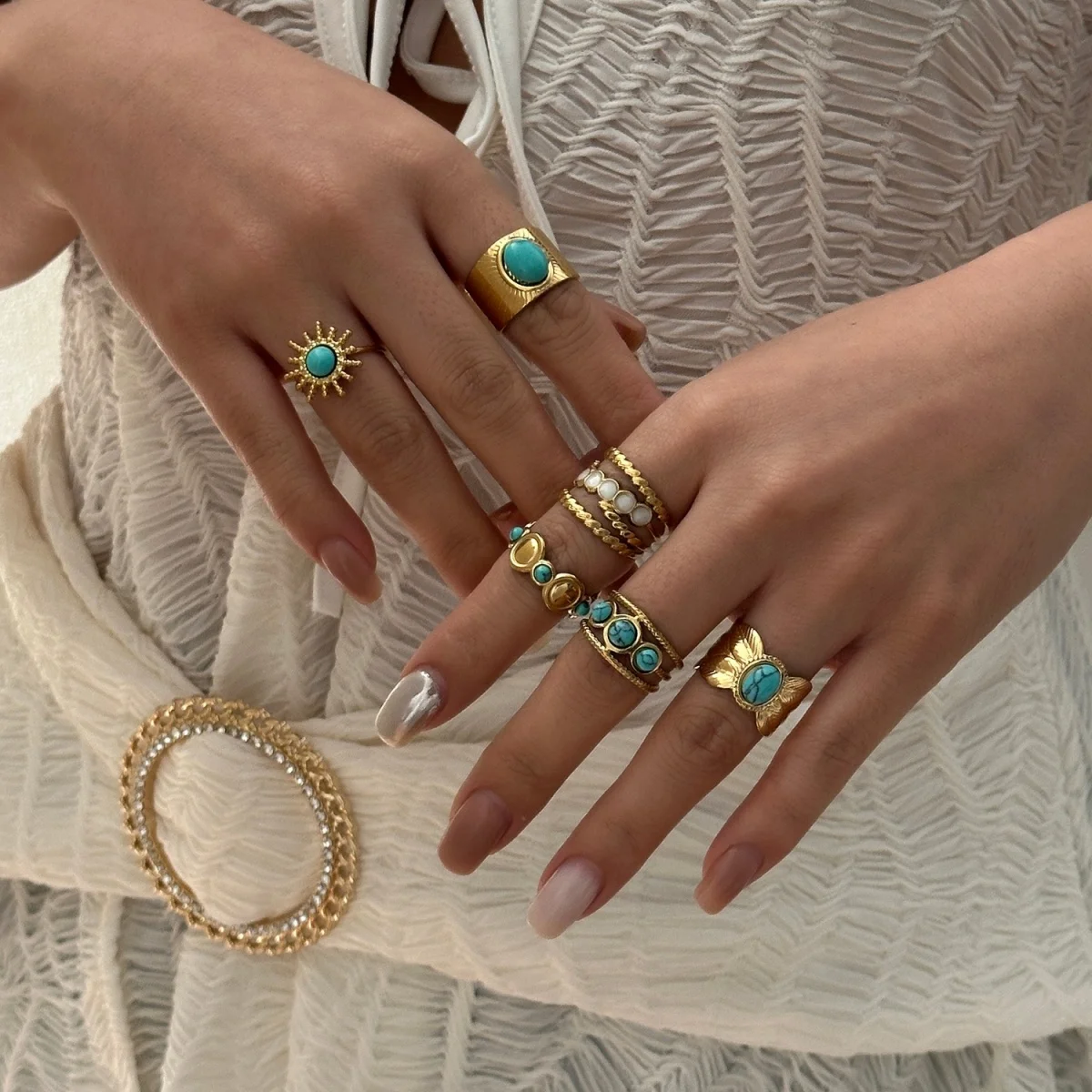 Edelstahl Blau Naturstein Geometrische Fingerringe für Damen und Herren Französischer Vintage Sonnenblumen-Blatt Runder Ovaler Ring Schmuck – Detail 19