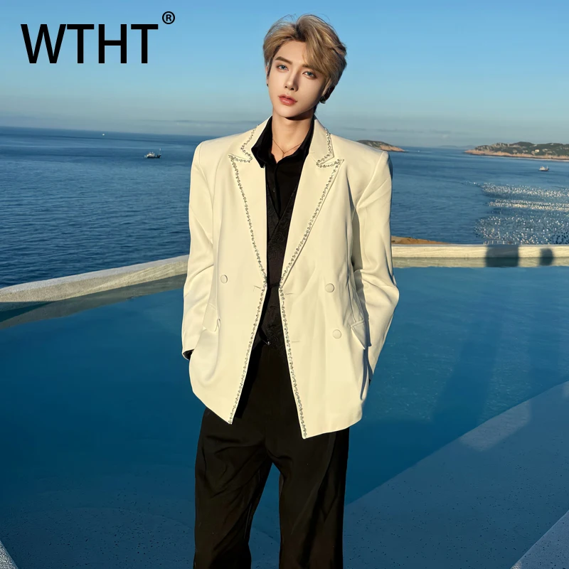 

WTHT модный мужской пиджак с интенсивными бусинами, однотонный пиджак, модная осенняя куртка с отложным воротником и длинными рукавами 2025, мужская 2A2131
