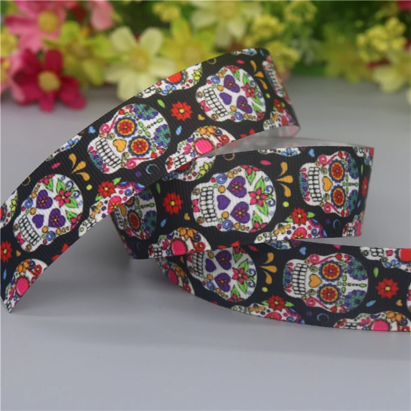 DHK 7/8'' 5yards Skull Printed Grosgrain Ribbon Accessories Material Headwear Decoration DIY Sewing Craft C2060