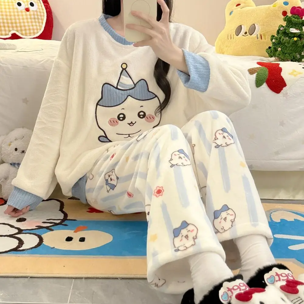 

Японский синий Chiikawa, зимний женский пижамный костюм, фланелевой женский коралловый бархат, утепленная теплая домашняя одежда, одежда для отдыха для девочек