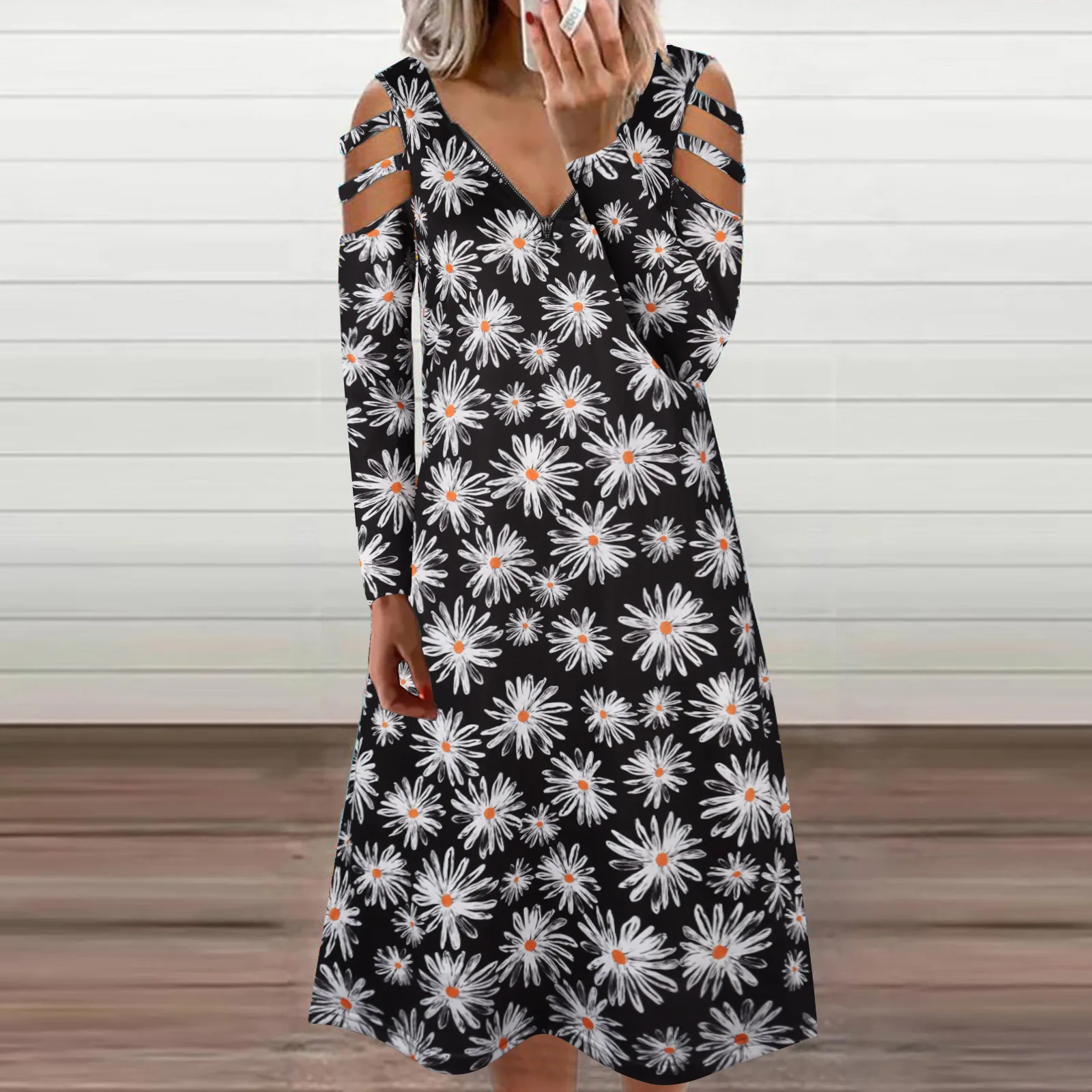 Vestido de manga larga con cuello en V para mujer, ropa holgada con cremallera, estampado Floral, informal, elegante, hasta la rodilla, otoño e invierno, 2022