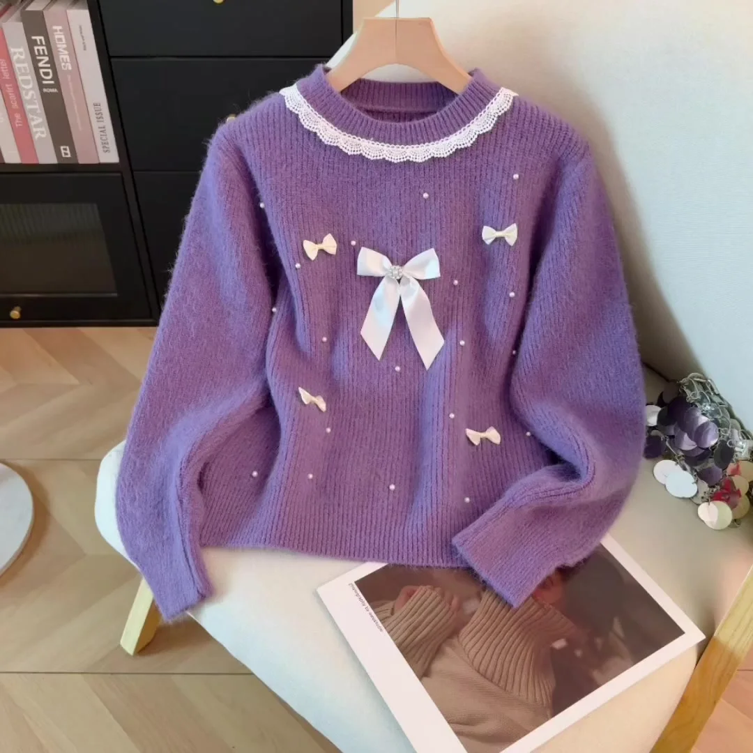 여성용 퍼플 O넥 풀오버 리본 스웨터 빈티지 점퍼 니트 긴 소매 캐시미어 스웨터 가을 겨울 2000년대 의류
