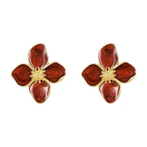 Korean Fashion Women Retro Drinking Enamel Red Flower Earrings Women for Delicate Earrings Luxury Couple engagement Jewelry 10 Main Sales Red Earring - №7