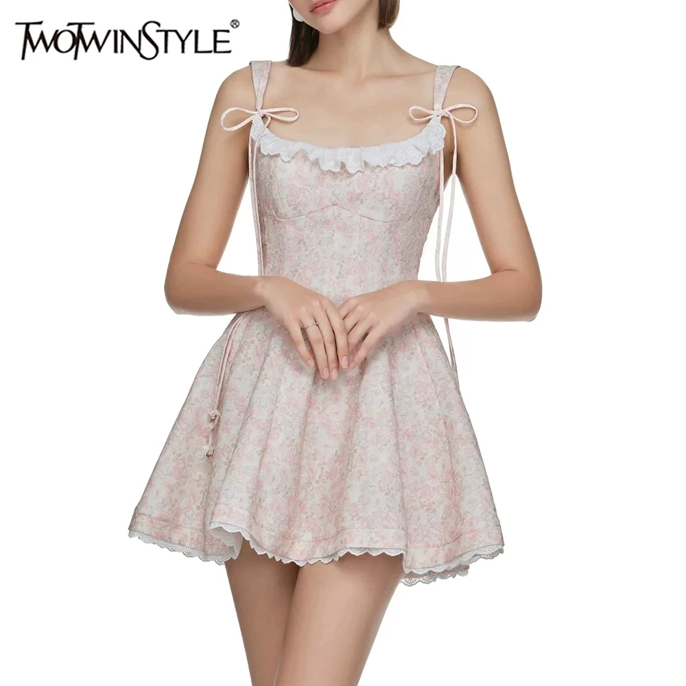 

TWOTWINSTYLE Hit Color Peinting Slimming Mini Dresses for Women Sqyare Neck Sleeveless High Waist Dress Female