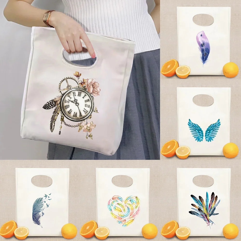 Large Capacity Insulated Lunch Bag Fashion Student Office Worker Lunch Bag Portable Feather Pattern Camping Thermal Picnic Pouch
