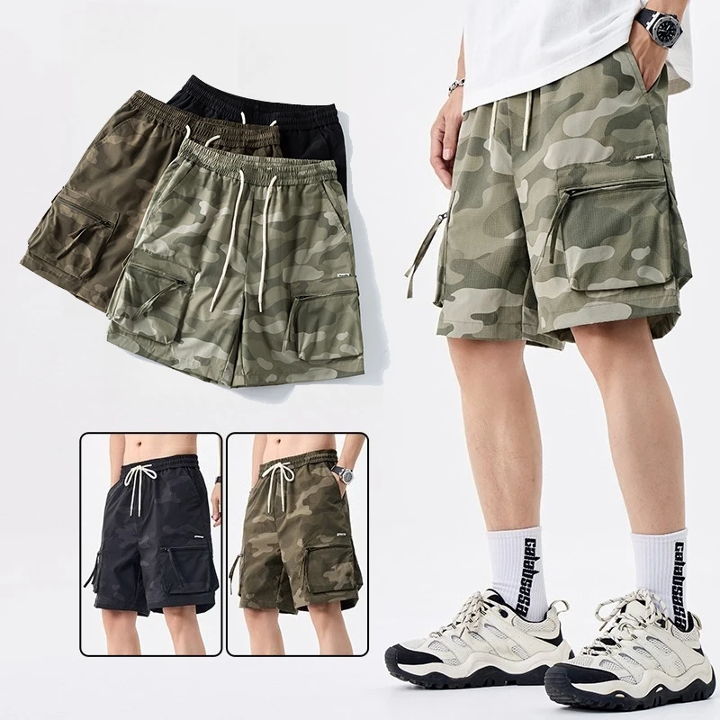 

Summer Camo Men's Cargo Shorts Loose Fit Versatile Knee Length Casual Zipper Multi-Pocket Work Shorts Male Outdoor Streetwear