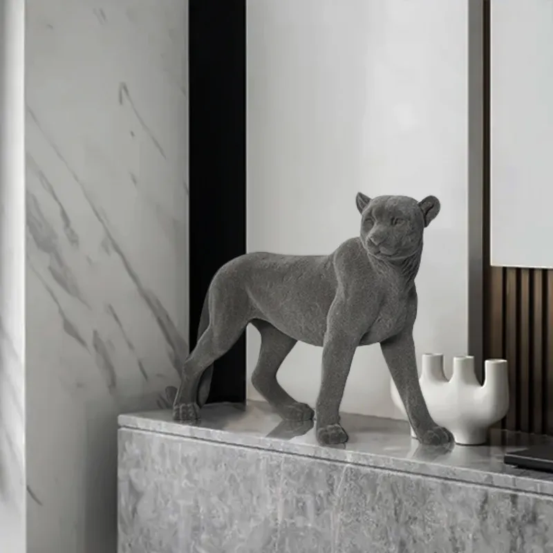 Flocked Panther Statue Resin Leopard Sculpture Luxury Home Decor Animal Figurine Living Room TV Cabinet Office Tabletop Ornament view 4