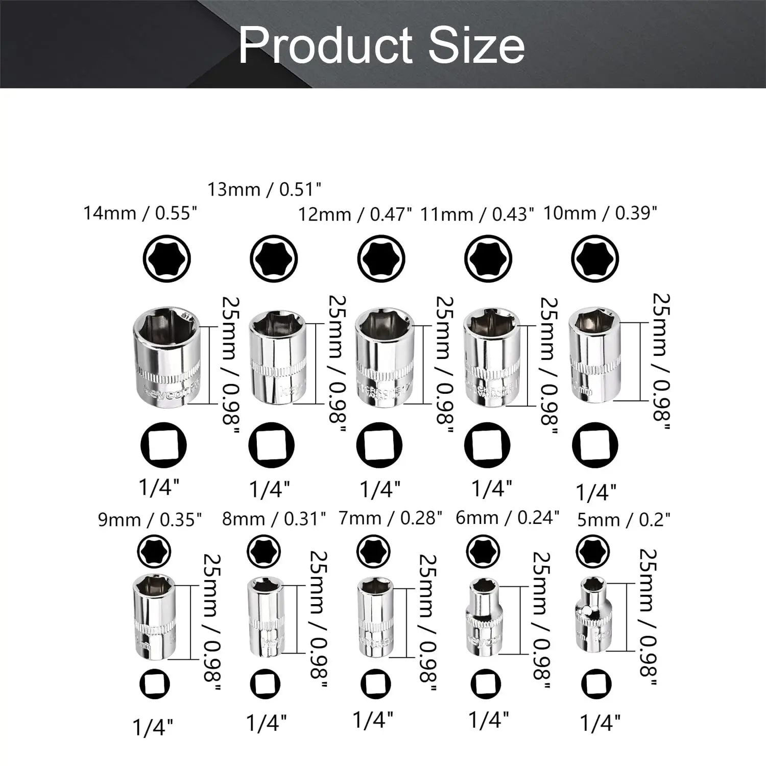WEELEE Short 25mm 1/4-inch Drive 6-Point Shallow Socket Set 4mm-14mm Mechanic Metric Socket