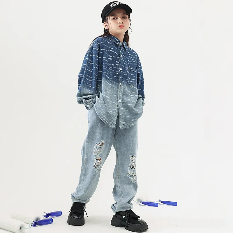 Children's Clothing Hip Hop Dance Costumes Letter Print Denim Shirt Ripped Jeans Kids Girls Jazz Modern Dance Outfit Streetwear