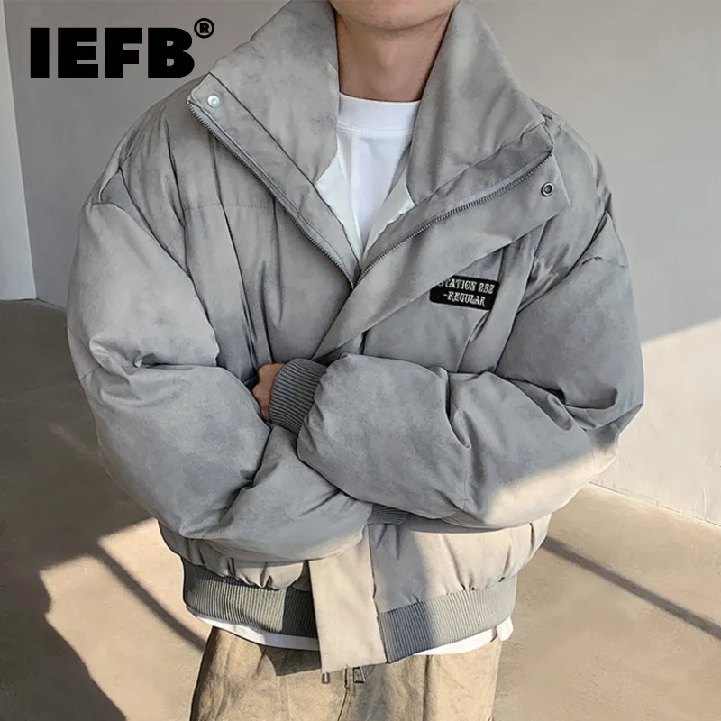 IEFB Tie-dyed Men's Parkas Solid Multi-pocket Zipper Elastic Hem Stand Collar Male Padded Jacket 2024 Autumn Winter 9C8921