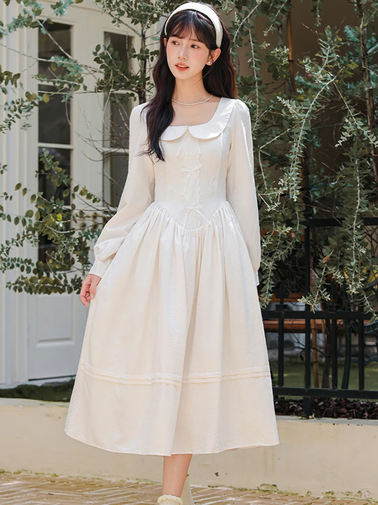 

Белое кружевное жаккардовое платье с бантом и длинными рукавами 2026 года, женское домашнее платье с воротником-стойкой, весенне-осеннее корейское элегантное праздничное платье