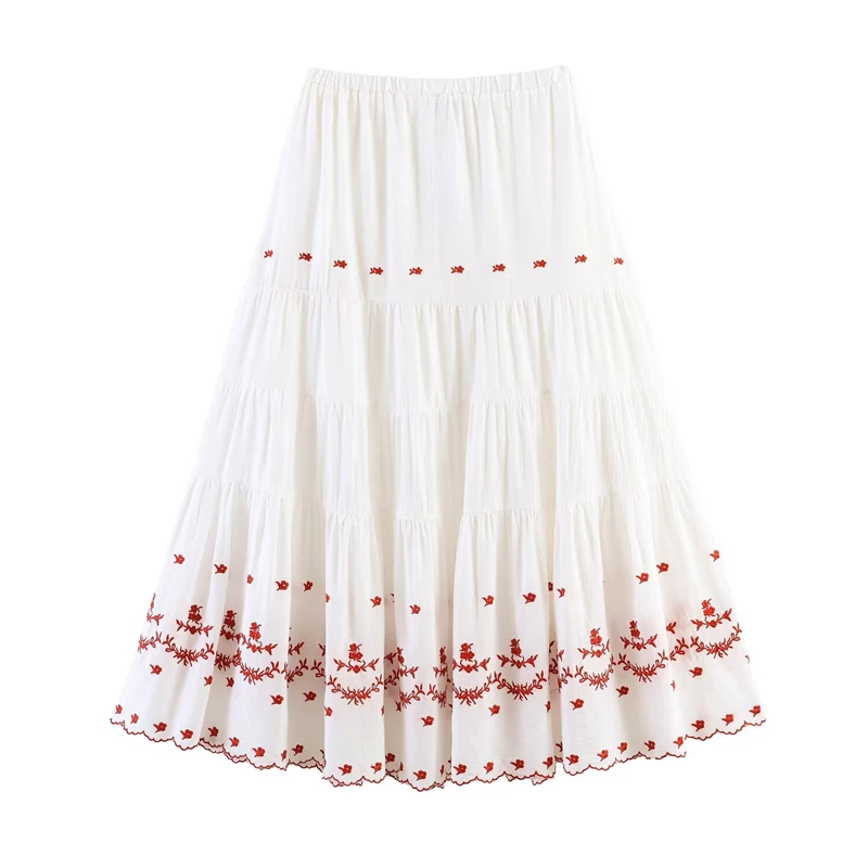 KEYANKETIAN 2026 Summer Bohemian Floral Embroidered Tiered Maxi Skirt High Waist  Drawstring & Red Floral Detail A-Line Skirt