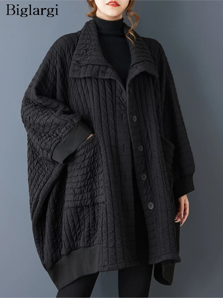 

Oversized Autumn Winter Long Coat Women Striped Print Cotton Long Jacket Fashion Ladies Coats Casual Loose Woman Black Overcoat