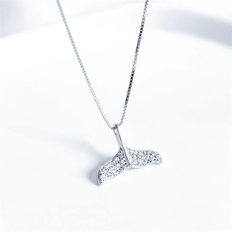 Diamond Dolphin Whale Fish Tail Shiny 925 Sterling Silver Clavicle Chain Female Necklace NE589