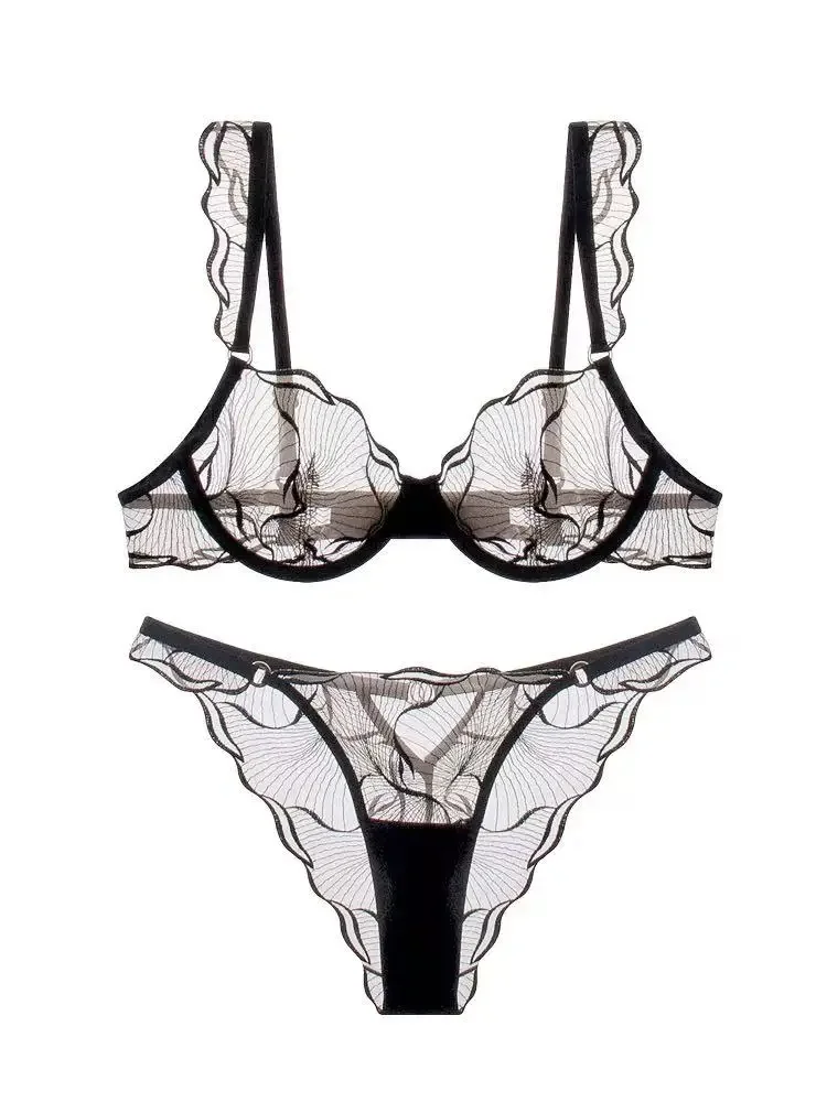

Fairy lingerie mesh stretch embroidery temperament bra set ultra-thin lace thin underwear girl hollowed out brassiere