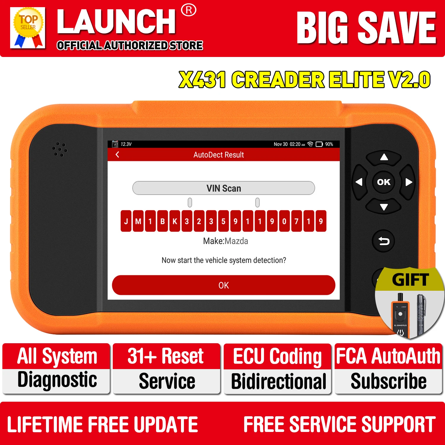 LAUNCH X431 Elite 2.0 Car Full System Diagnostic Tools OBD2 Scanner Active Test ECU Coding 31+ Service Lifetime Free Update