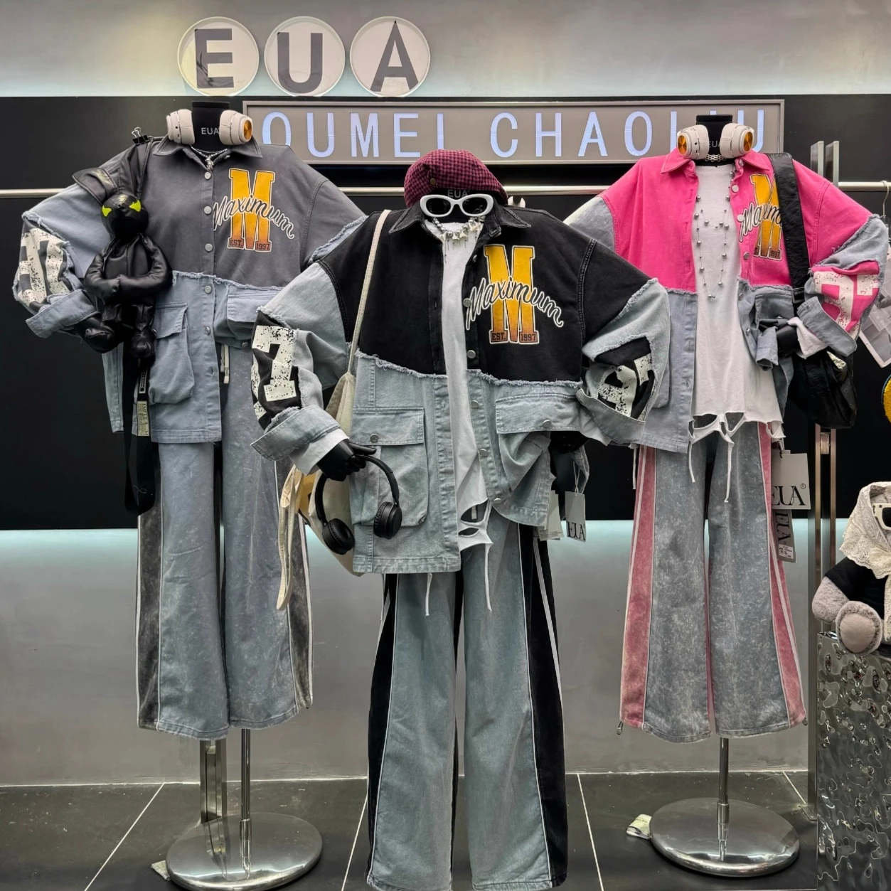 European Style Printed Pocket Long Sleeve Denim Shirt for Women 2025 Autumn New American Retro Color Block Loose Button Jacket