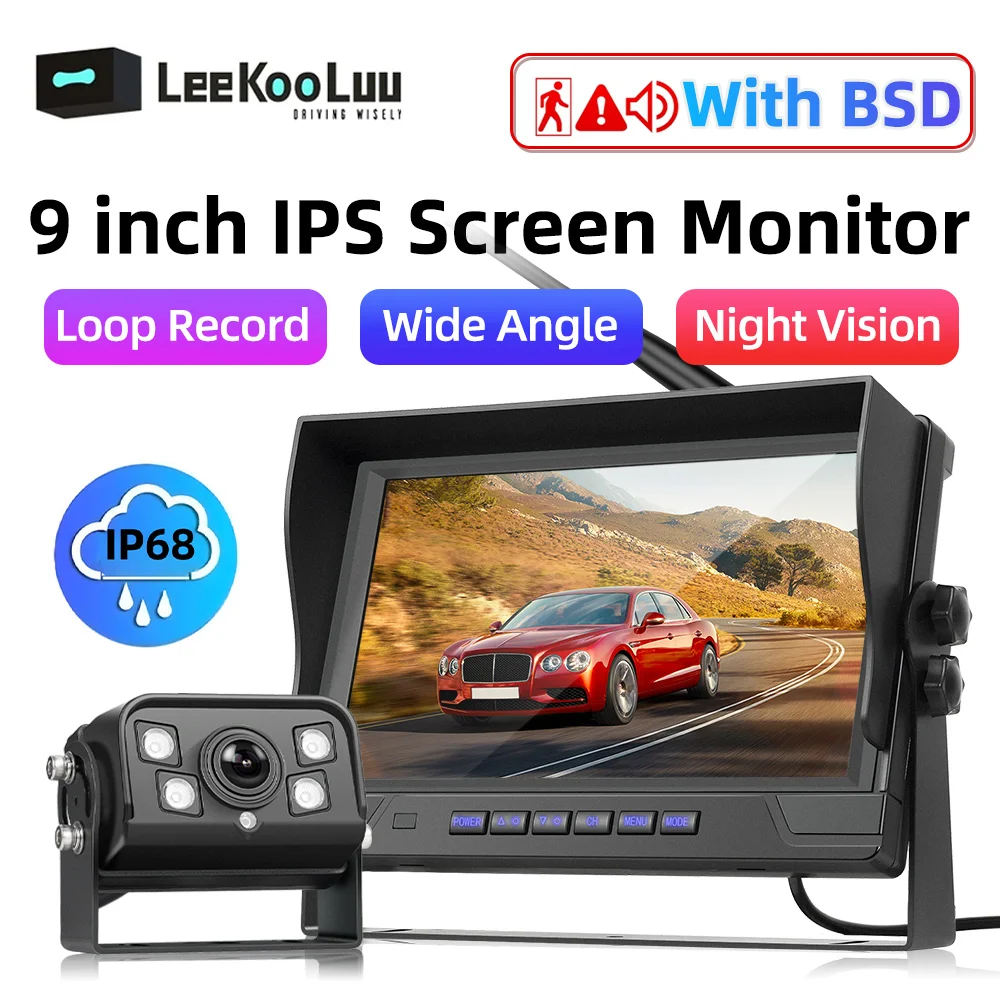 

LeeKooLuu 9" IPS Screen Monitor Wireless Reverse Camera Anti-interference IP68 Waterproof Infrared Night Vision Cameras with BSD