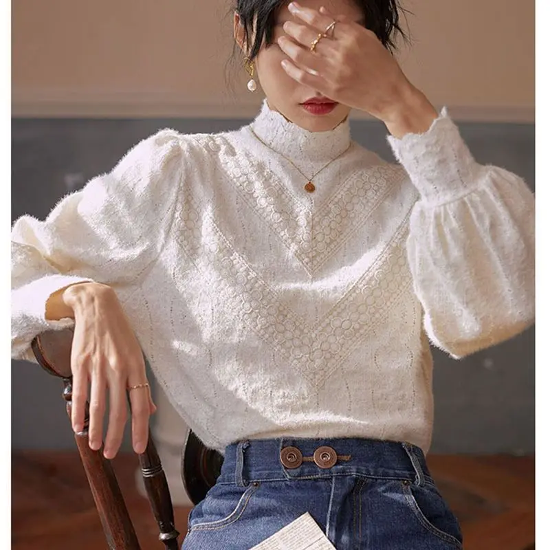 

Half Turtleneck Lace Fleece Shirts for Women Spring and Autumn Long Casual Sleeve Lantern Cuffs Loose Fashion Simple Basic Tops