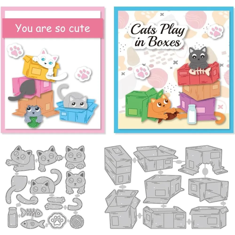 Cardboard Cat Cutting Dies Kitty Playing Scene Card Making Die Cuts Carbon Steel Stencils Scrapbooking Embossing Template Dies