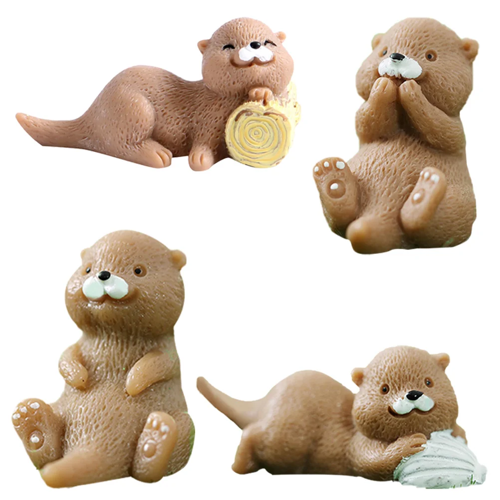 4 Count Micro Landscape Otter Toy Animals Resin Statue Decor Mini Small Decorations Miniature Figurine Decors Student Figurines