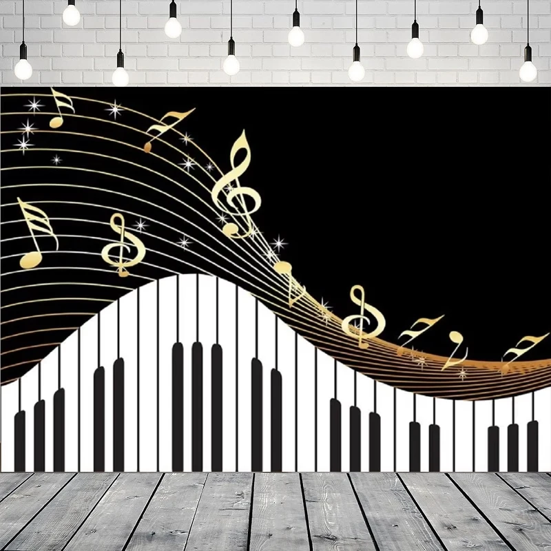 Photography Backdrop For Golden Musical Notes And Piano Keyboard Background For Kids Birthday Party Decor Banner Portrait Shoot