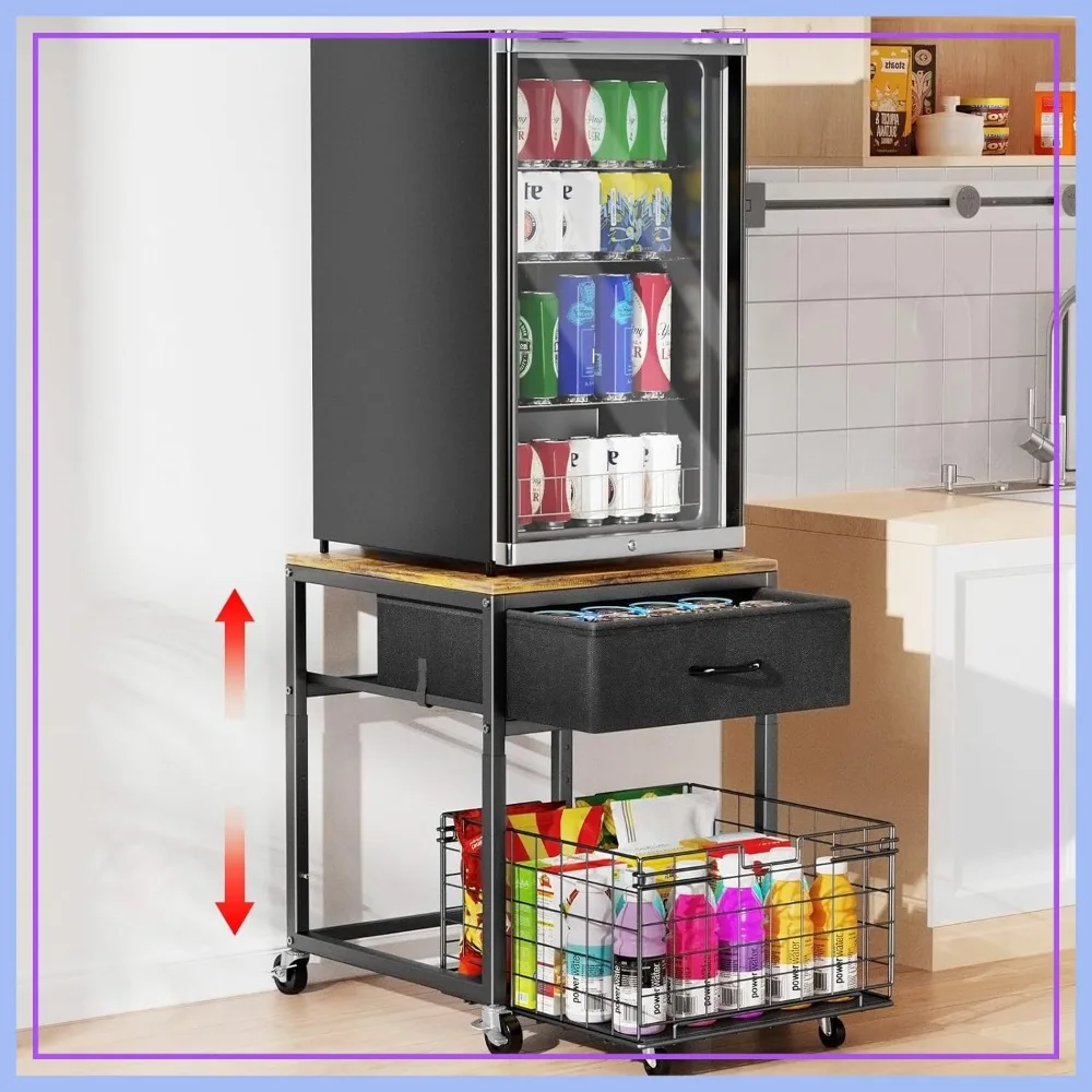 

Height-Adjustable Mini Fridge Stand with Storage, 200 lbs Heavy Duty Beverage Table, Rolling Cart for Kitchen Home Office