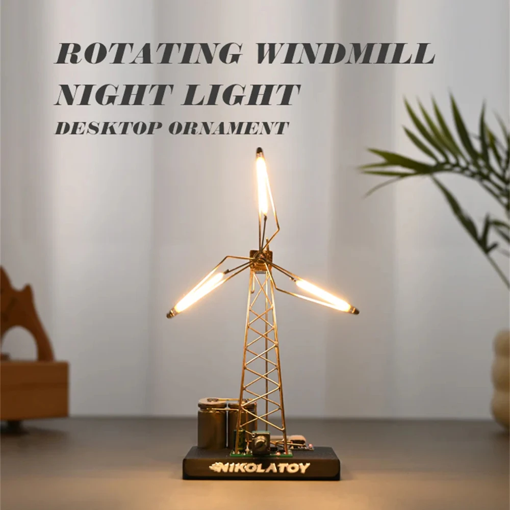 NIKOLATOY DIY Rotating Windmill Night Light Creative Desktop Ornament Decorative Table Lamp Handmade Metal Craft