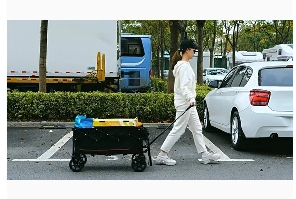 Campervan with roof and awning - portable outdoor utility vehicle, folding sunshade cart for grocery shopping