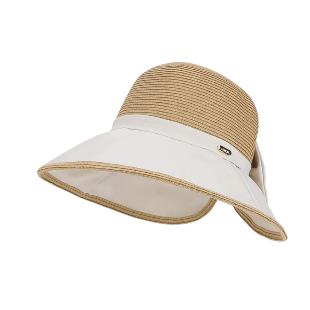

Portable Large Bow Women Sun Hat Wide Brim Bowknot Bow Fisherman Hat Weave Breathable Sun Cap Beach