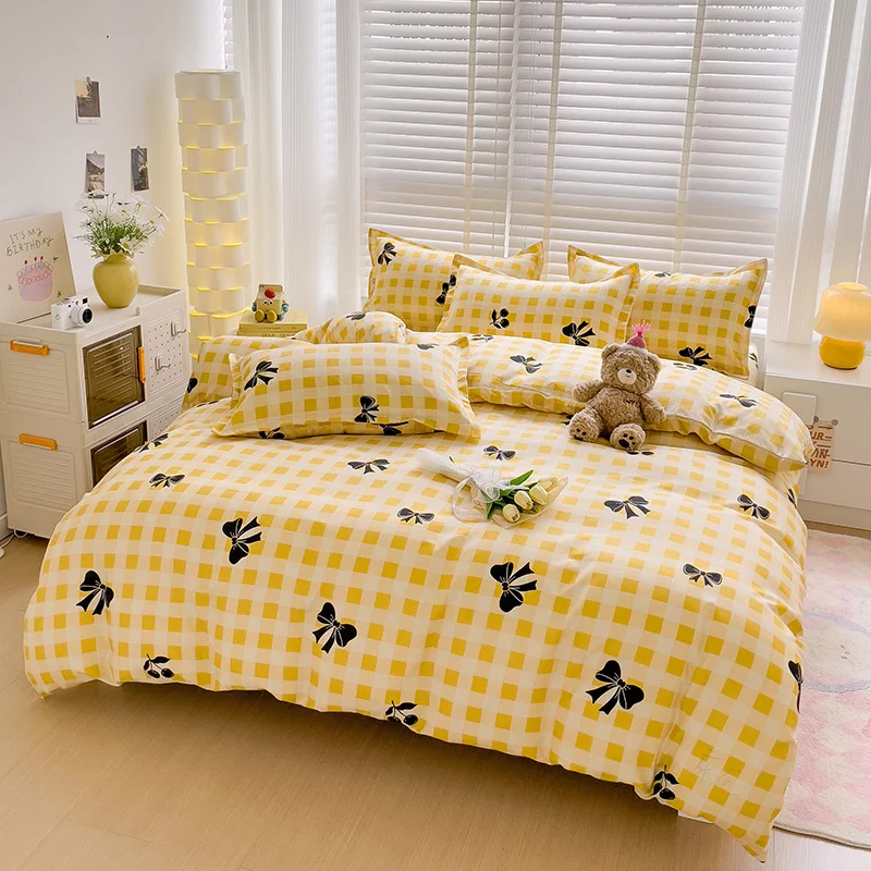 Yellow Plaid Duvet Cover 3/4pcs Soft Reversible Buffalo Grid Bedding Set Kawaii Black Bow Quilt Cover for Teen Girls Room Decor