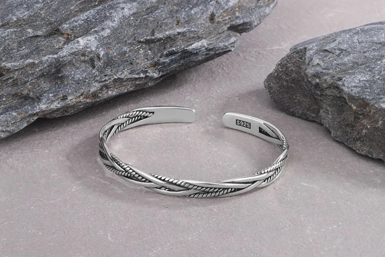 Neuer Vintage Thai Silber Geflochtener Gedrehter Armreif 925 Sterling Silber Schmuck Offene Armbänder SL008 – Detail 1