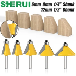 5pcs 6mm 8mm 12mm 1/4′′ 1/2′′ Shank High Quality Large 11.25, 15, 22.5 , 30, 45 Degree Chamfer & Bevel Edging Router Bit Wood