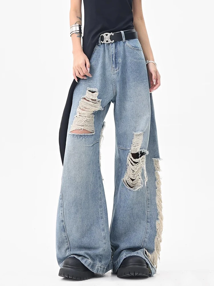 REDDACHiC Street Style Destroyed Baggy Jeans Patchwork Vintage Wash Low Waist Straight Wide Casual Pants Trousers Women Clothes
