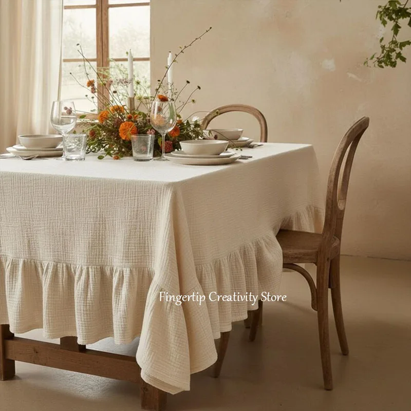Ruffled Muslin Tablecloth,100% Cotton Double Gauze Table Cover,Farmhouse Dining Cloth,Wedding Decoration Kitchen Table Cloth