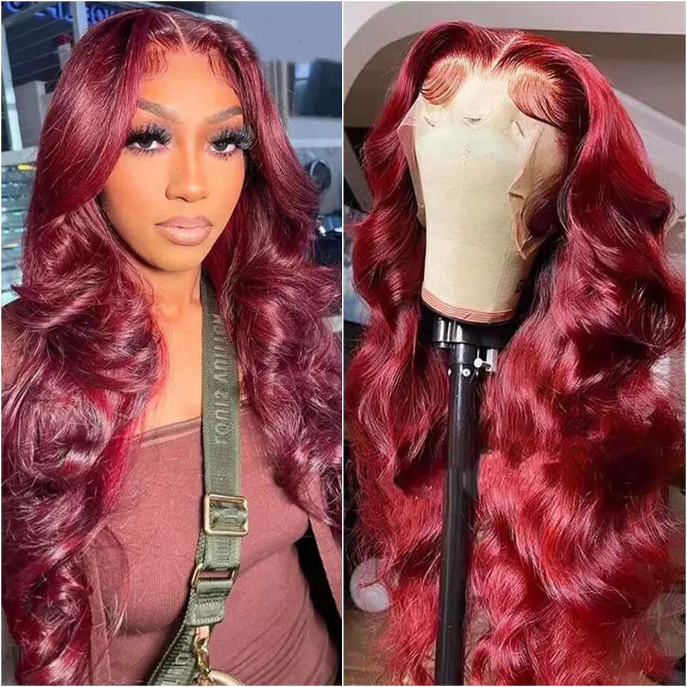 40 بوصة 13x4 99J بورجوندي Hd الدانتيل شعر مستعار أمامي شعر الإنسان قبل قطعها النبيذ الأحمر اللون الجسم موجة 13x6 الدانتيل الباروكات الأمامية البرازيلي #1