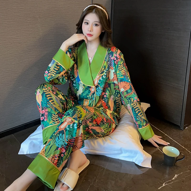 Spring Summer Ladies Flower Silk Pajama Sets Elegant Homewear Women\'s Casual Luxury Pajamas Thin Pajamas Female Sleepwear Women