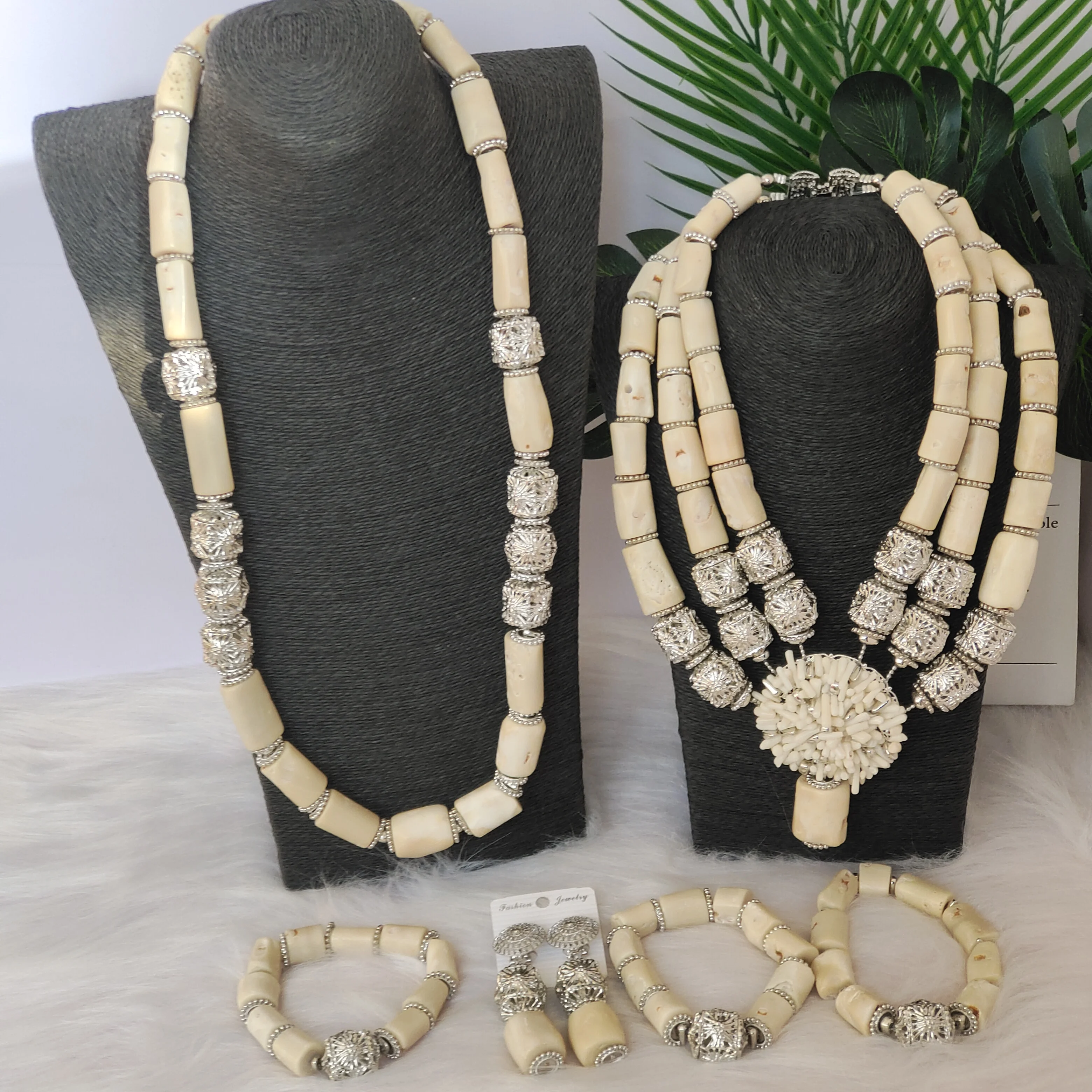 

Nigerian Wedding Couple Jewelry Original White Coral Beaded Necklace Sets