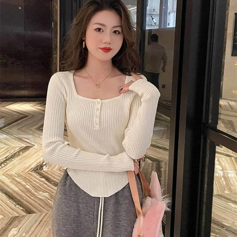 Lady Chic Unique White Square Neck Knit Top Soft Warm Long Sleeve Sweater Elegant  Inner Shirt for Women Fall Winter Top