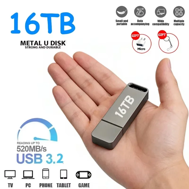 16TB Pen Drive USB 3.2 Flash Drive High-Speed 8TB 2TB Pen Drive Metal USB Memory For Computer Storage Devices Car Music Adapter