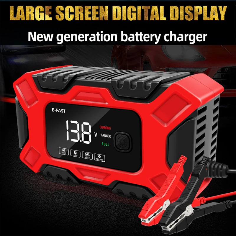 12V 6A Car Battery Charger Pulse Repair LCD Display Smart Fast Charging AGM Deep Cycle GEL Lead-Acid Charger for Auto Motorcycle