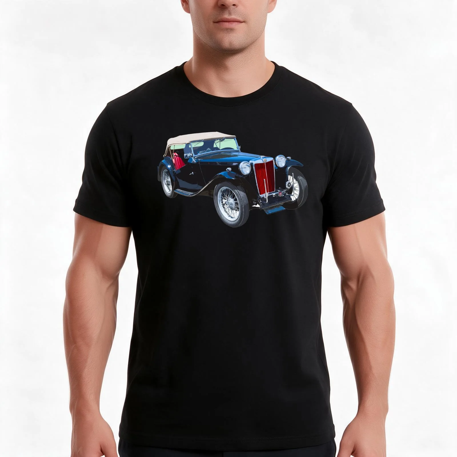 Black Mg Tc Antique Car T-Shirt, Summer Casual Cotton Tee, Oversized Streetwear Tops, Vintage Graphic Print, Unisex Men Women